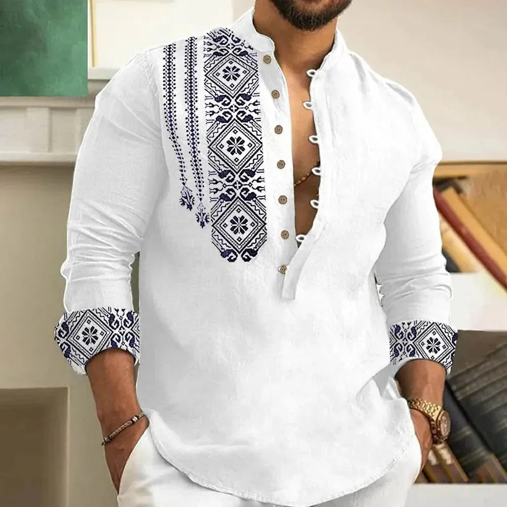 2023 Spring and Autumn Fashion Casual Men Long Sleeve Button-Down Shirt Blouse Loose Henley V-Neck Beach Tops T Shirts As a gift