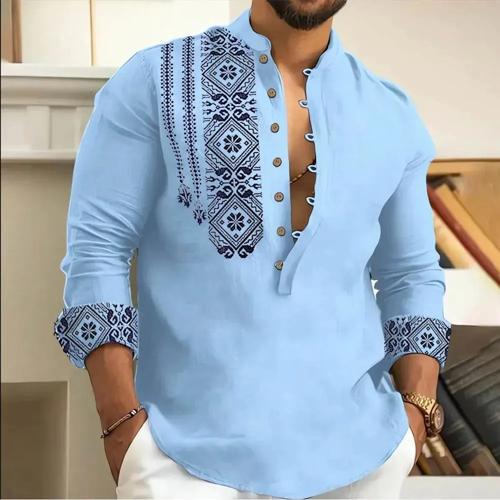 2023 Spring and Autumn Fashion Casual Men Long Sleeve Button-Down Shirt Blouse Loose Henley V-Neck Beach Tops T Shirts As a gift