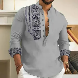 2023 Spring and Autumn Fashion Casual Men Long Sleeve Button-Down Shirt Blouse Loose Henley V-Neck Beach Tops T Shirts As a gift