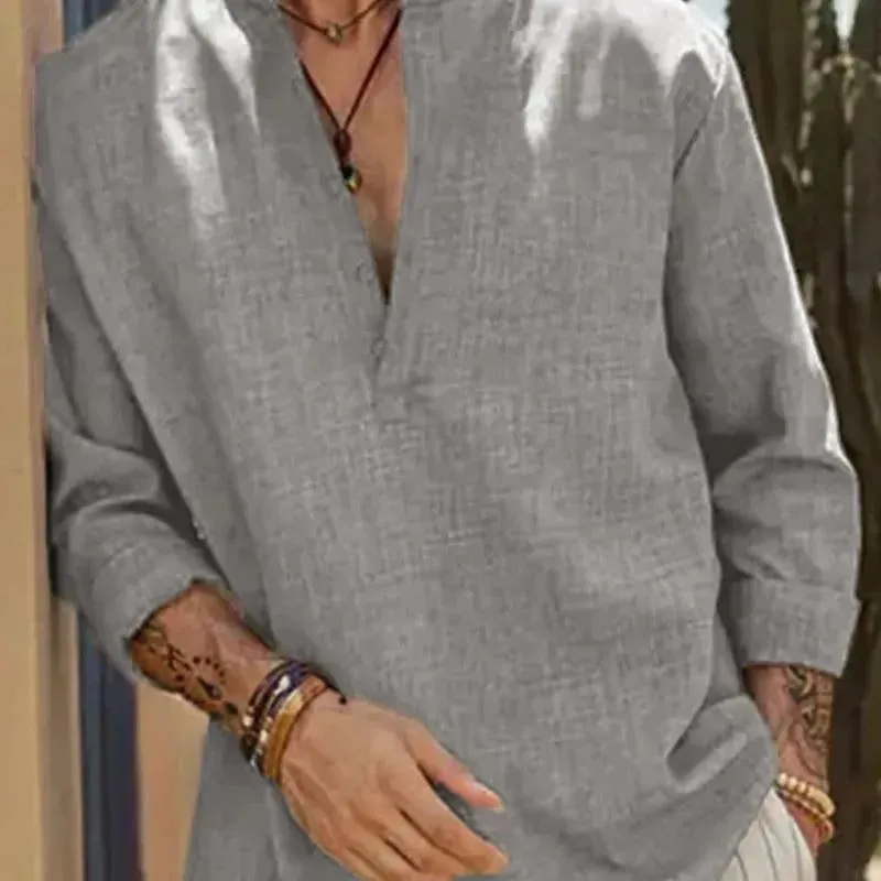 2023 Spring and Autumn Fashion Casual Men Long Sleeve Button-Down Shirt Blouse Loose Henley V-Neck Beach Tops T Shirts As a gift