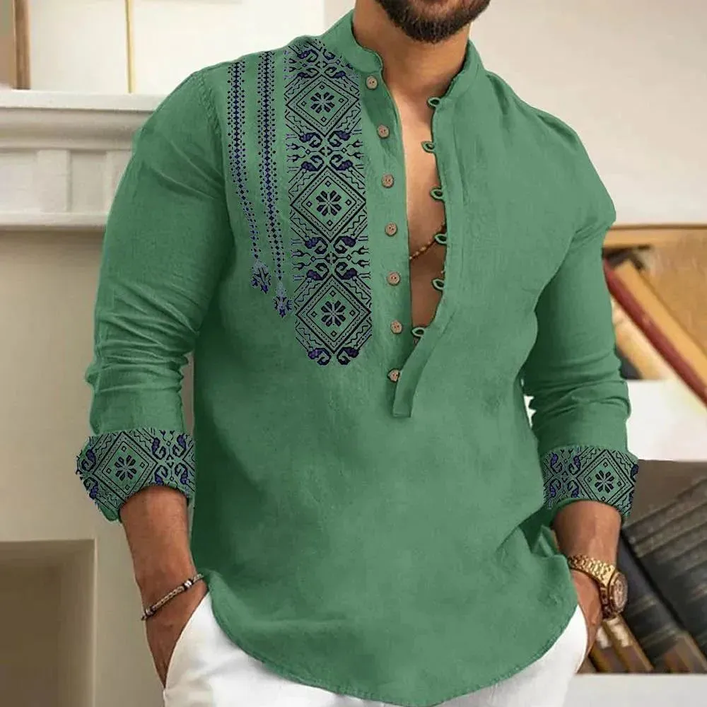 2023 Spring and Autumn Fashion Casual Men Long Sleeve Button-Down Shirt Blouse Loose Henley V-Neck Beach Tops T Shirts As a gift