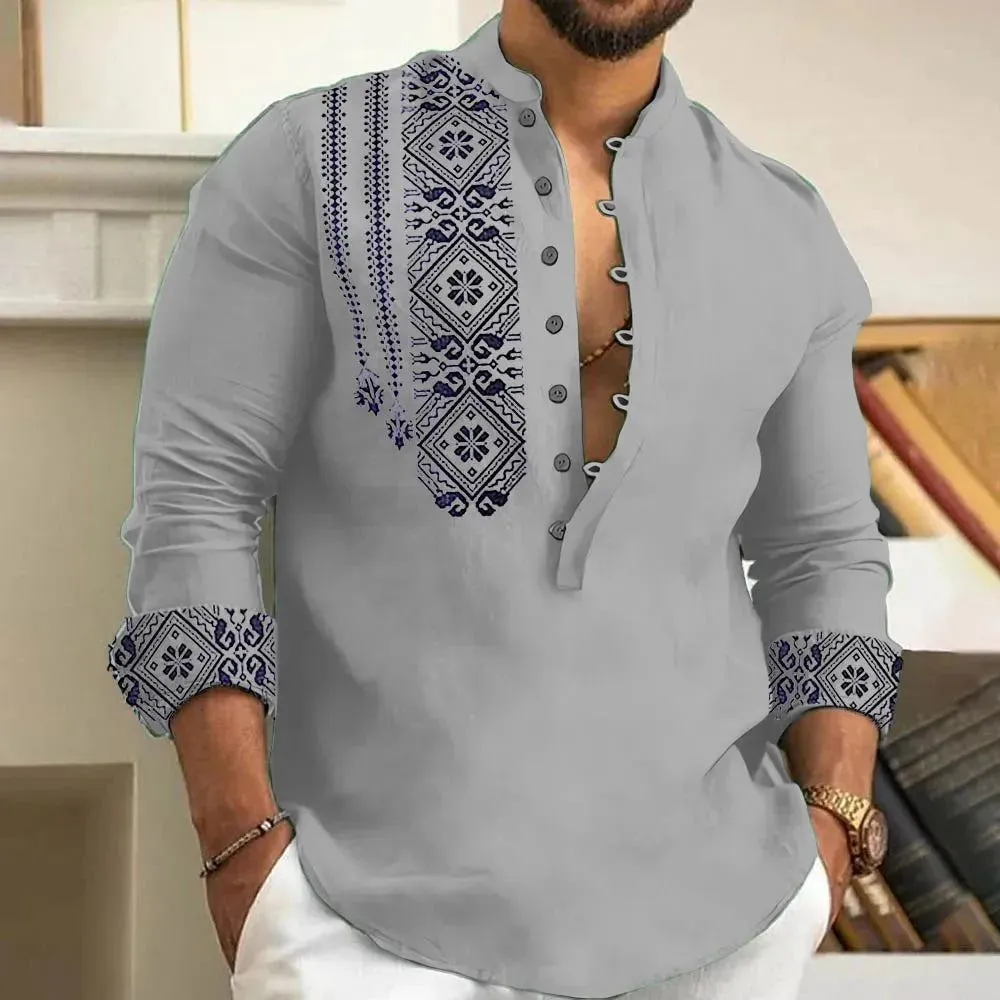 2023 Spring and Autumn Fashion Casual Men Long Sleeve Button-Down Shirt Blouse Loose Henley V-Neck Beach Tops T Shirts As a gift