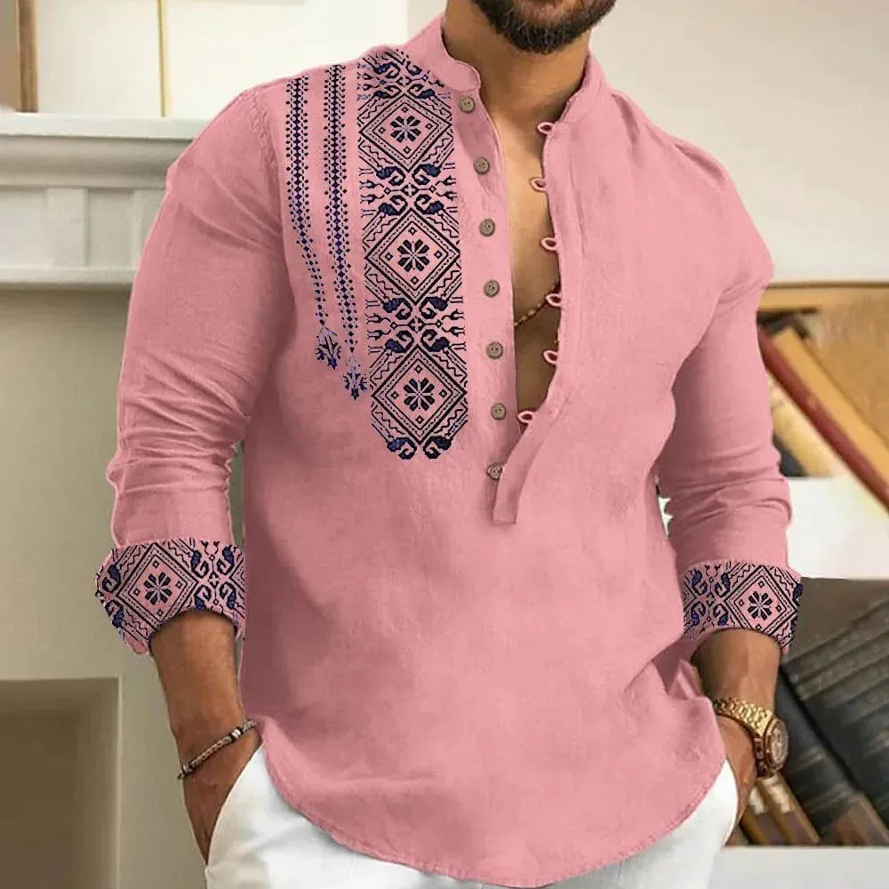2023 Spring and Autumn Fashion Casual Men Long Sleeve Button-Down Shirt Blouse Loose Henley V-Neck Beach Tops T Shirts As a gift