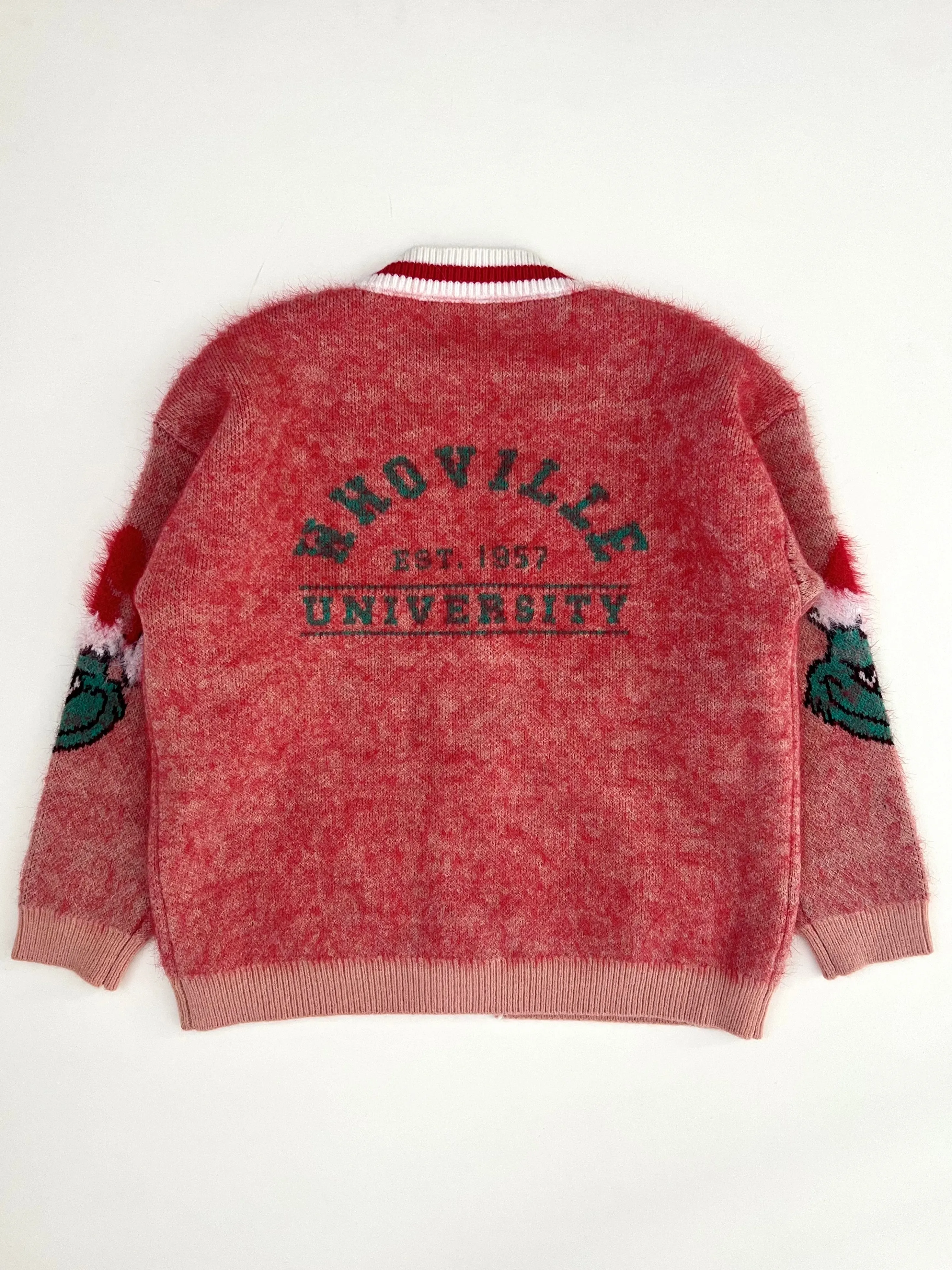 2025 Holiday Cardigans: Fuzzy Grinch Varsity