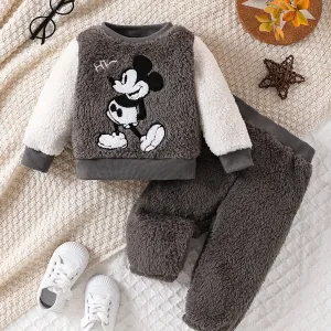 2pcs Baby Boys' Winter Outfit, Cute Cartoon Embroidery Fleece Warm Ribbed Crew Neck Long Sleeve Pullover Top and Plush Warm Cuffed Long Pants, Polyester Knitwear.