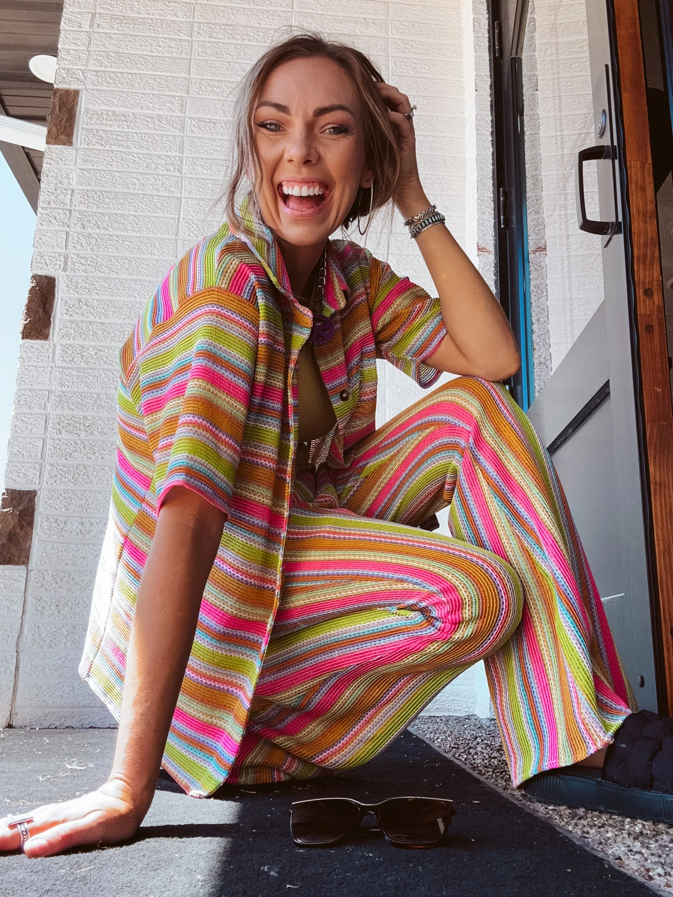 Apple Green Multi Stripe Button Front Crochet Shirt
