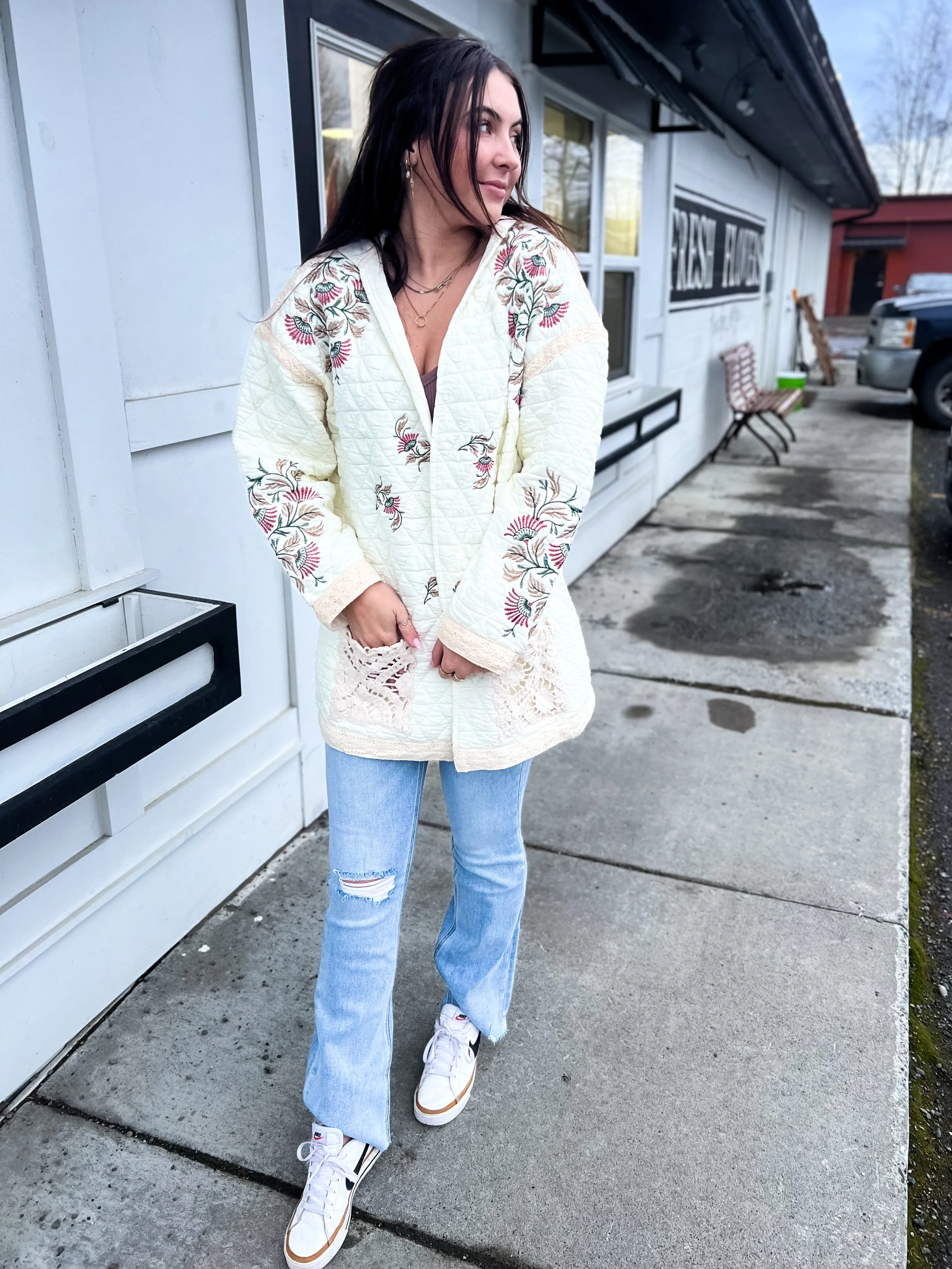 Ava Vintage Washed Embroidered Quilted Jacket