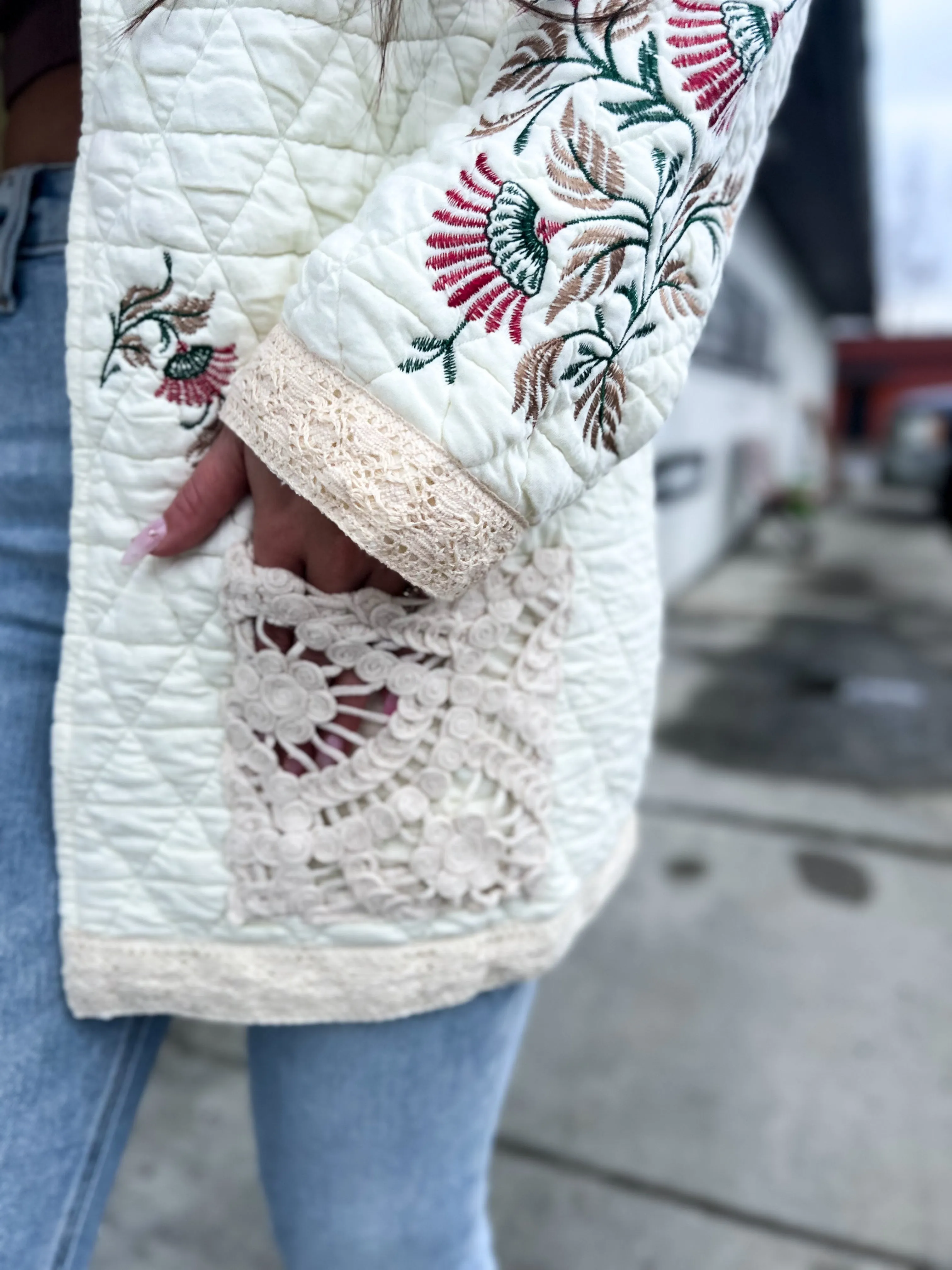 Ava Vintage Washed Embroidered Quilted Jacket
