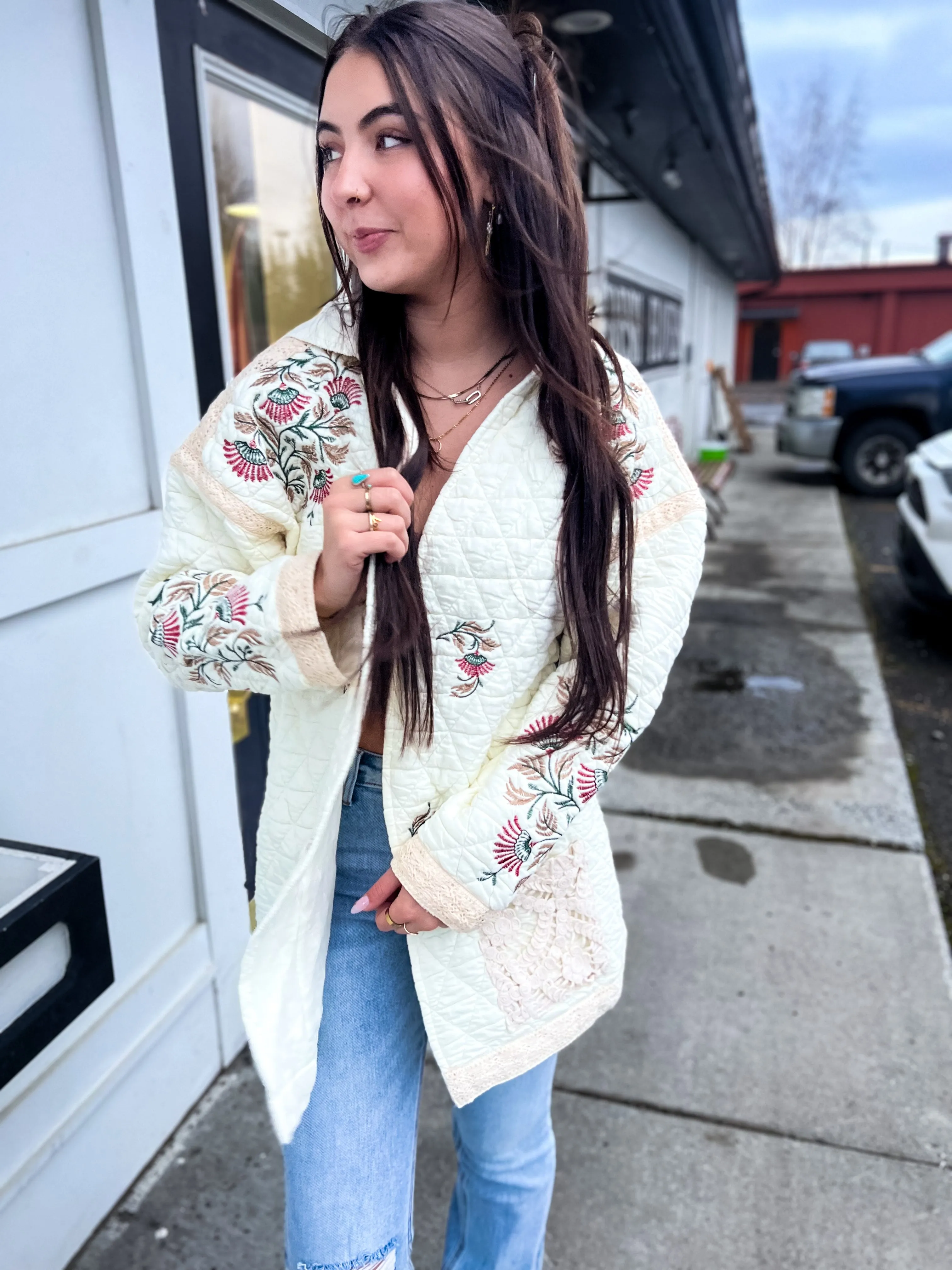 Ava Vintage Washed Embroidered Quilted Jacket