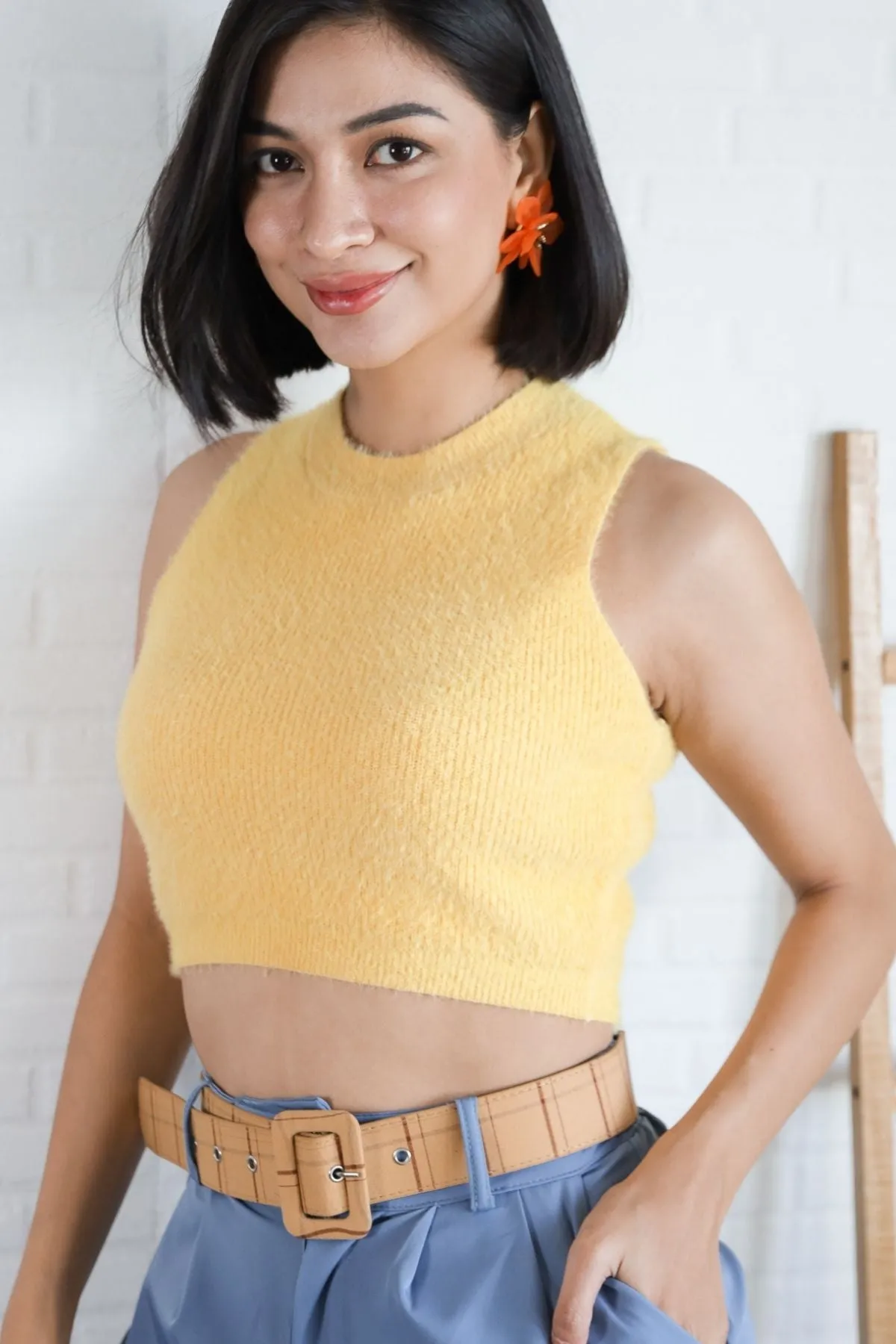 BAILEY Fuzzy Knit Tank Top (Pastel Yellow)