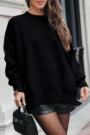 Black Balloon Sleeve Ribbed Trm Oversized Sweater