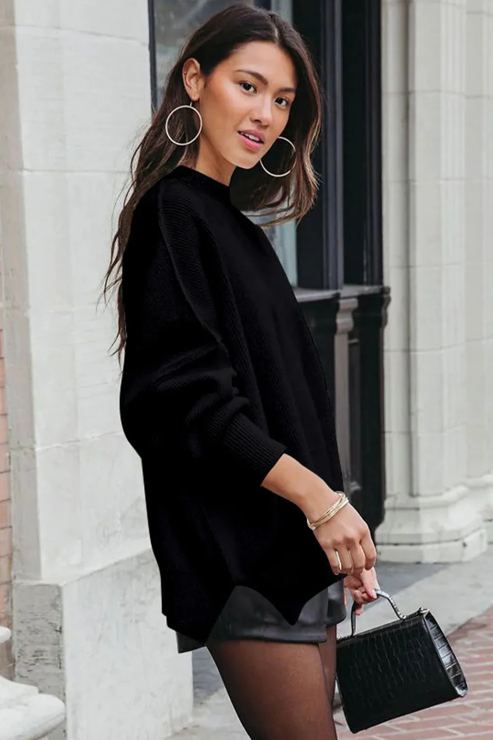 Black Balloon Sleeve Ribbed Trm Oversized Sweater