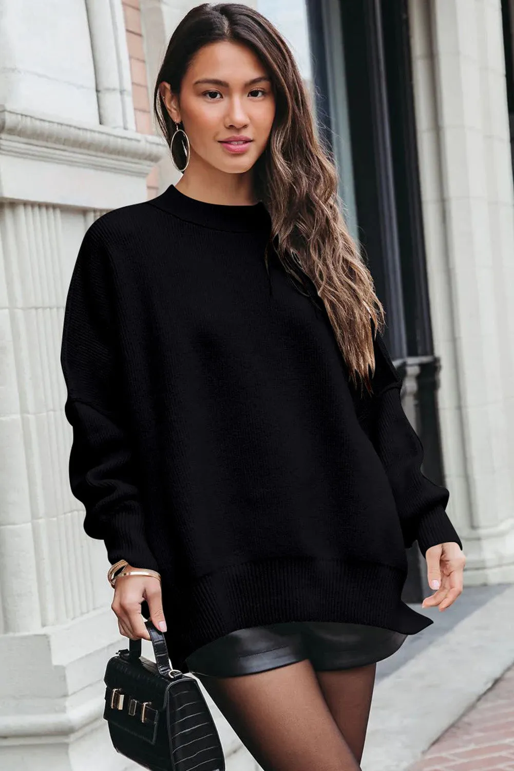 Black Balloon Sleeve Ribbed Trm Oversized Sweater