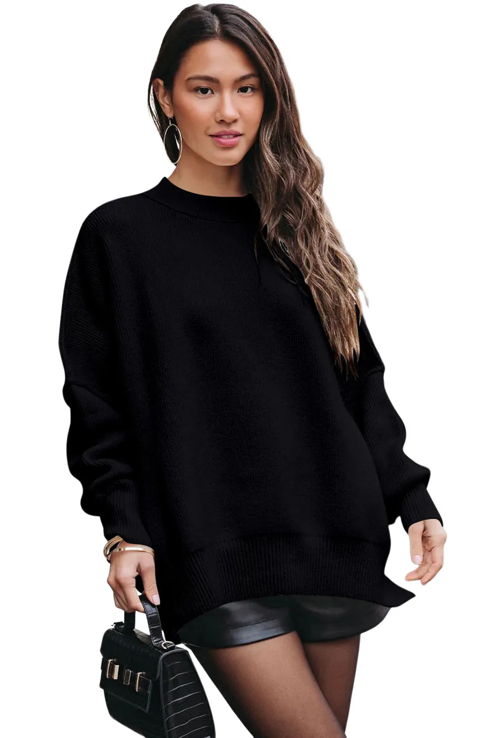 Black Balloon Sleeve Ribbed Trm Oversized Sweater