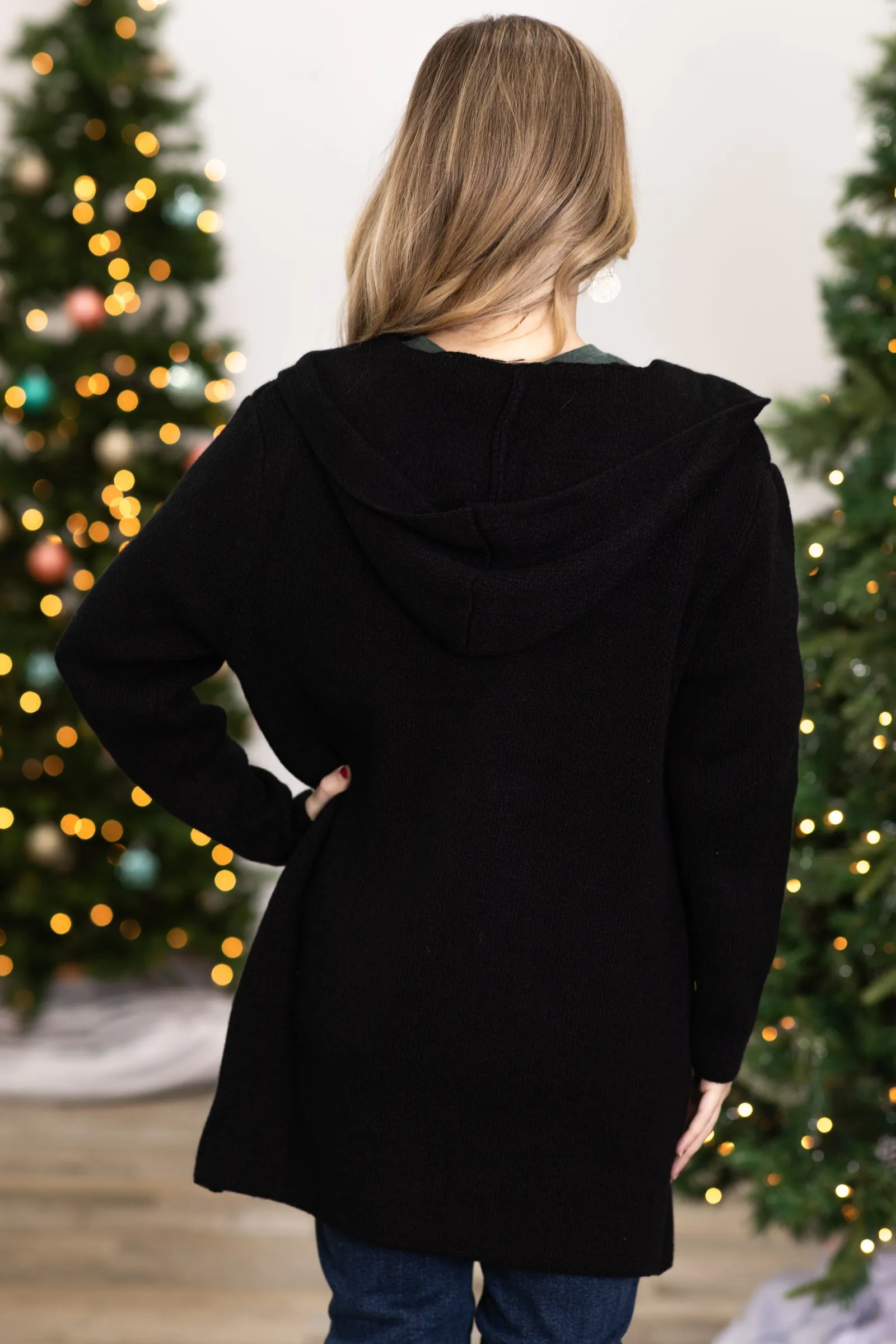 Black Hooded Cardigan With Pockets