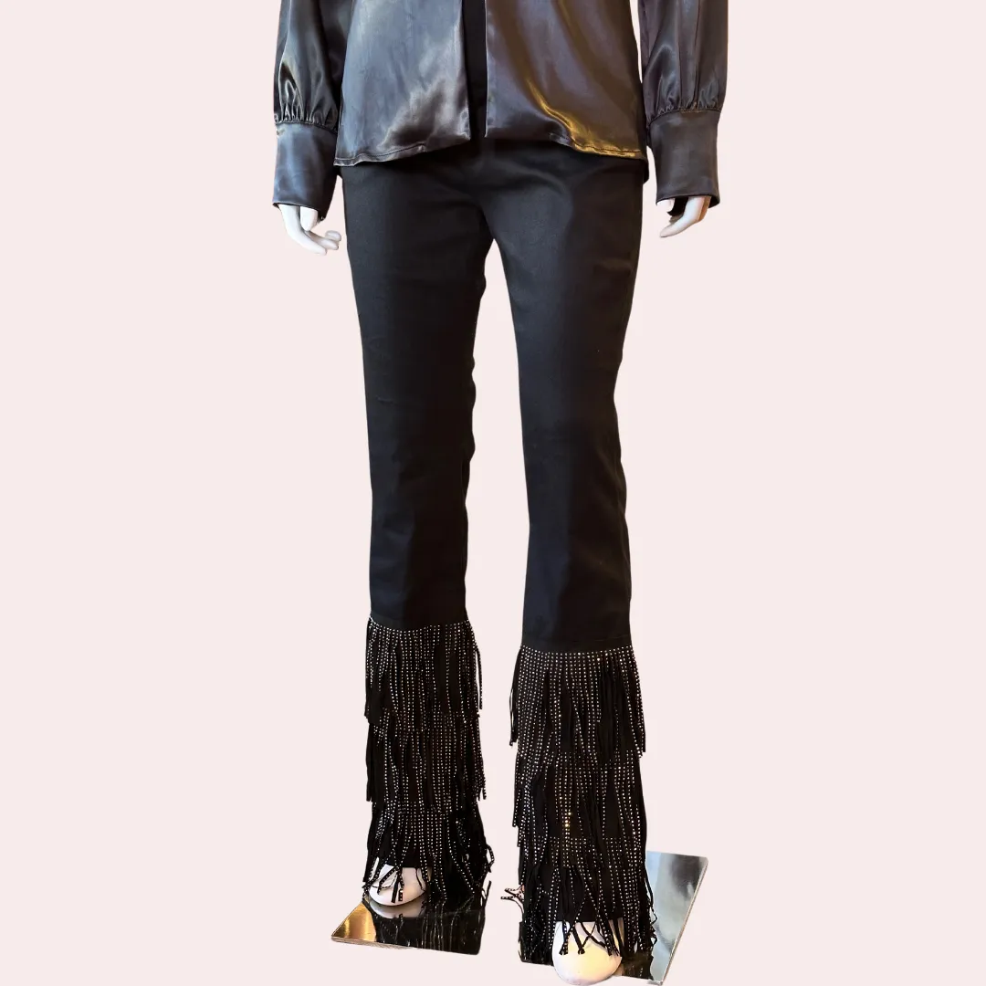 Black tier rhinestone fringe hem pants