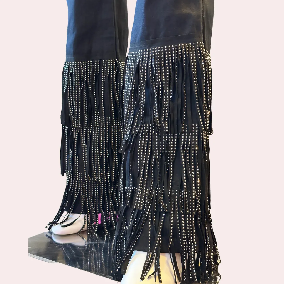 Black tier rhinestone fringe hem pants
