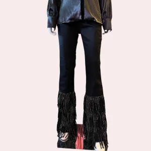 Black tier rhinestone fringe hem pants