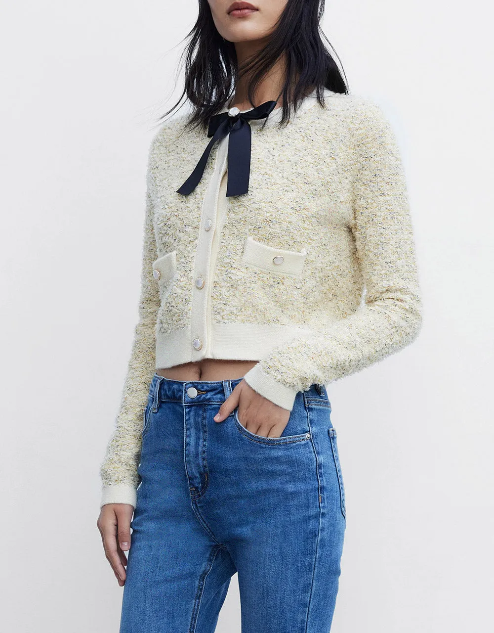 Bow Front Contrast Trim Button Up Cardigan