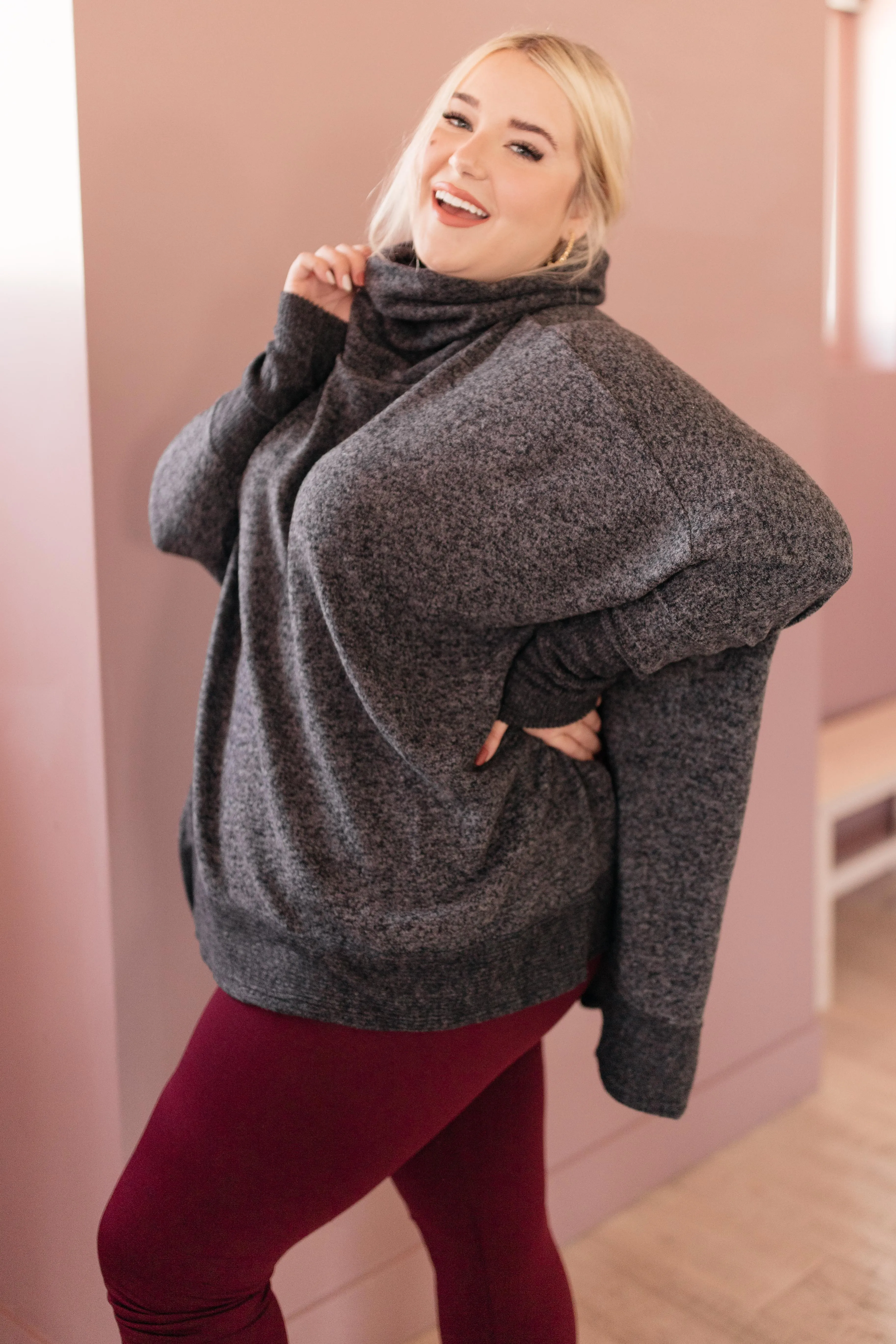 Brushed Melange Cowl Neck Sweater in Black