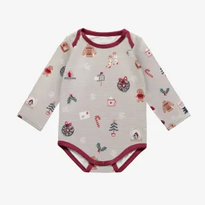 Cache-couche des fêtes gris à motif en polyester brossé, bébé || Gray holiday bodysuit with pattern in brushed polyester, baby