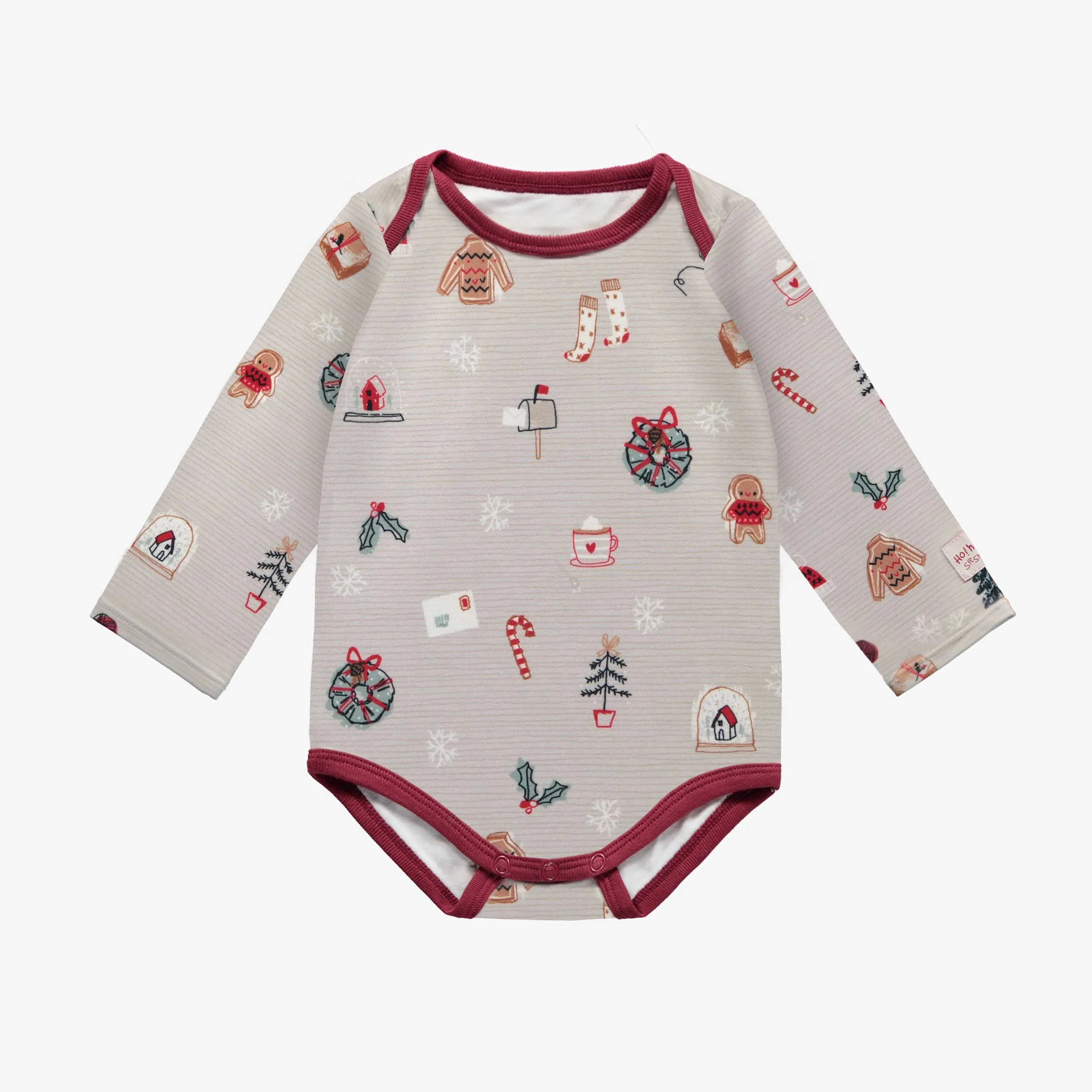 Cache-couche des fêtes gris à motif en polyester brossé, bébé || Gray holiday bodysuit with pattern in brushed polyester, baby