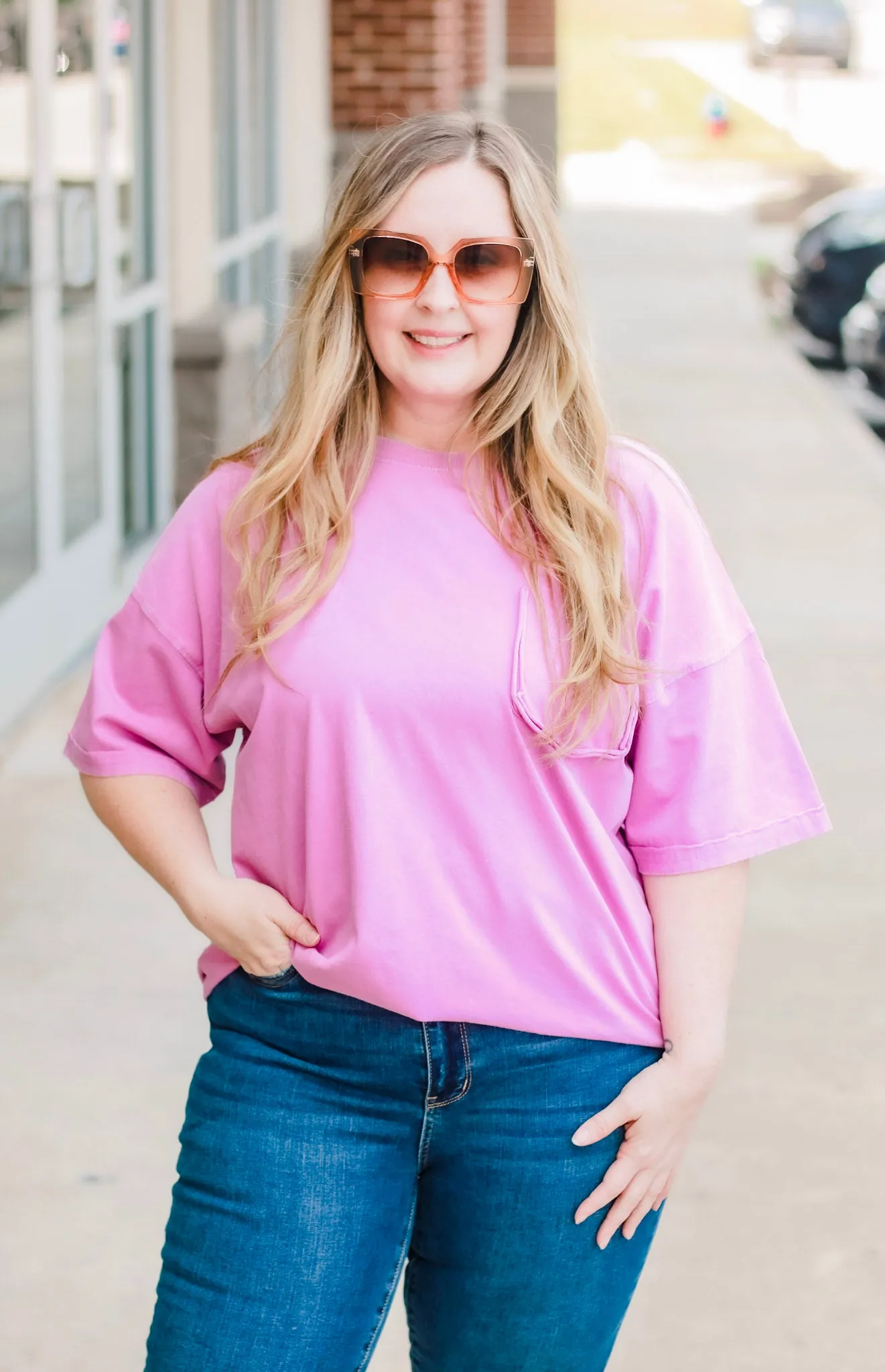 Call Me Casual Faux Pocket Tee in Barbie Pink
