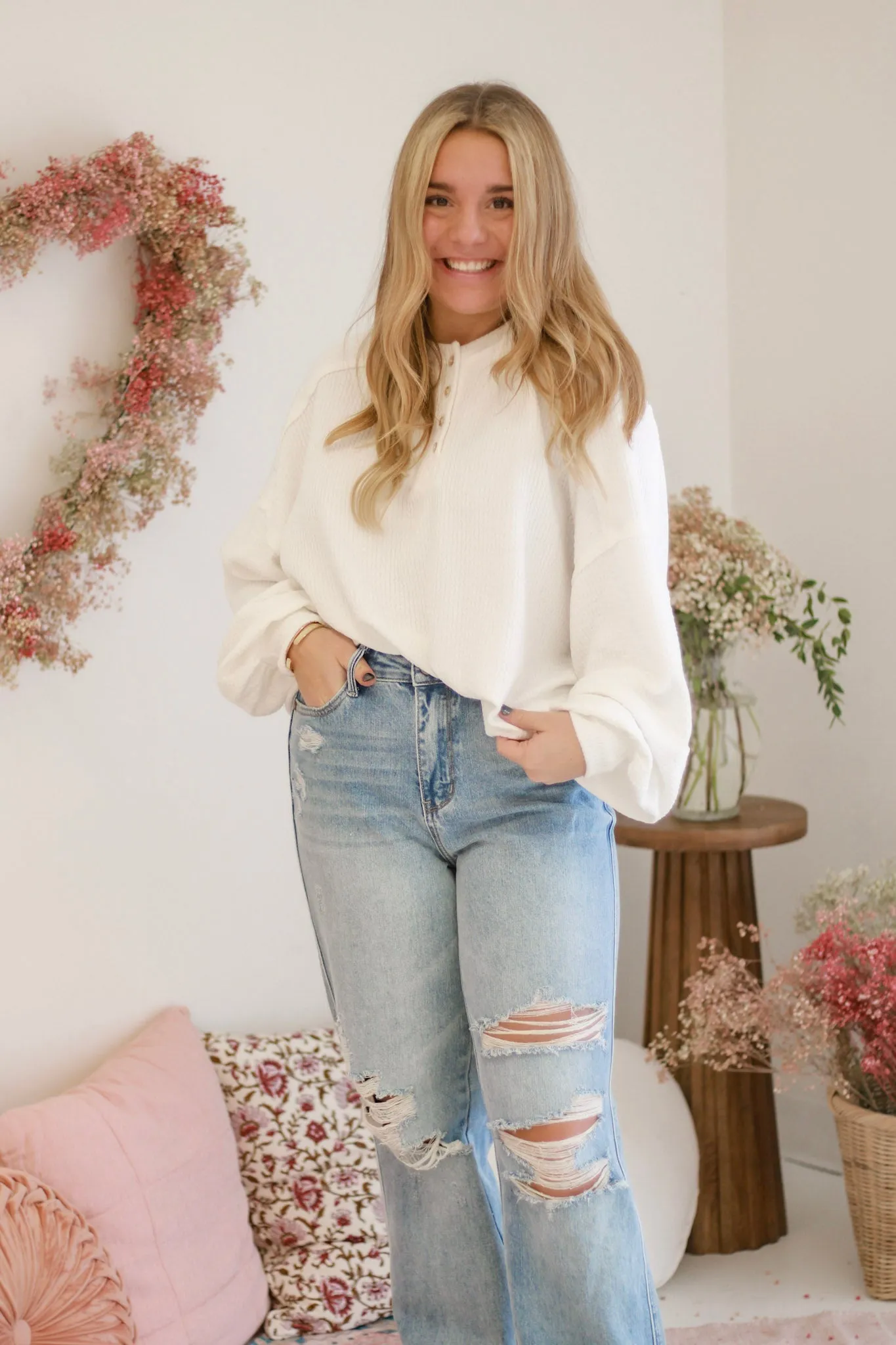 Candy Kisses Ribbed Henley in White