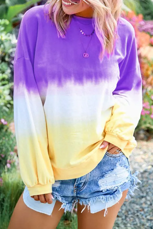 Casual Gradual Change Basic Contrast O Neck Tops（12 colors）