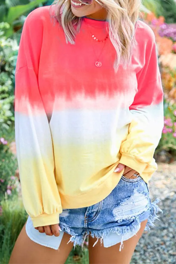 Casual Gradual Change Basic Contrast O Neck Tops（12 colors）