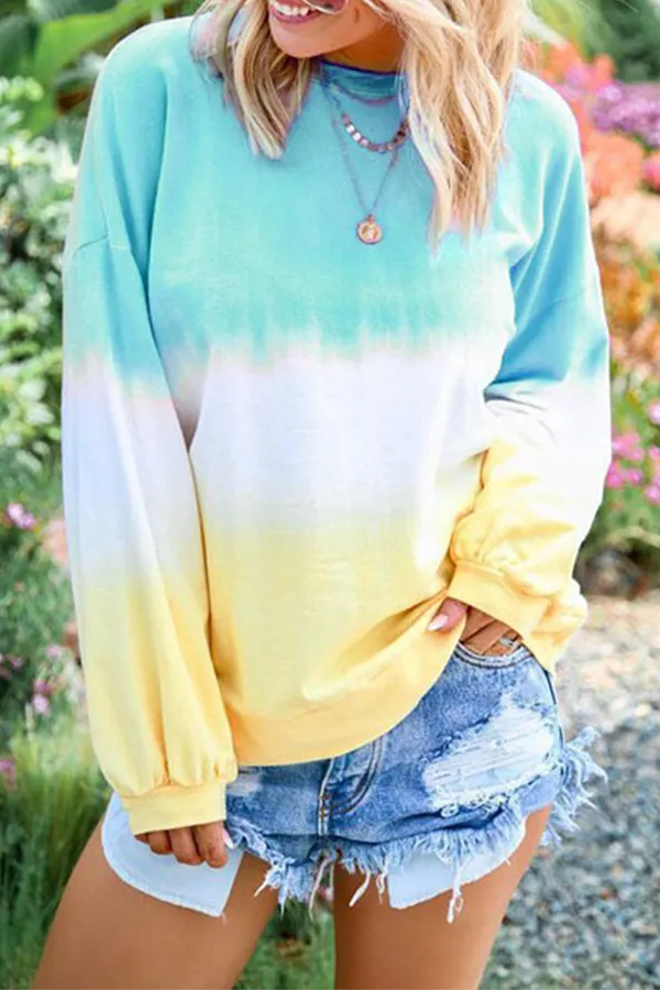 Casual Gradual Change Basic Contrast O Neck Tops（12 colors）