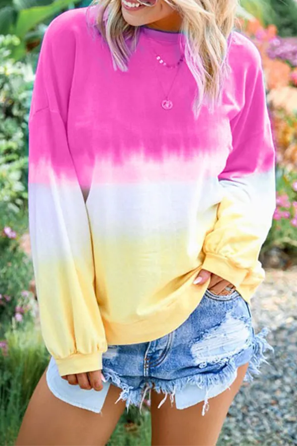 Casual Gradual Change Basic Contrast O Neck Tops（12 colors）