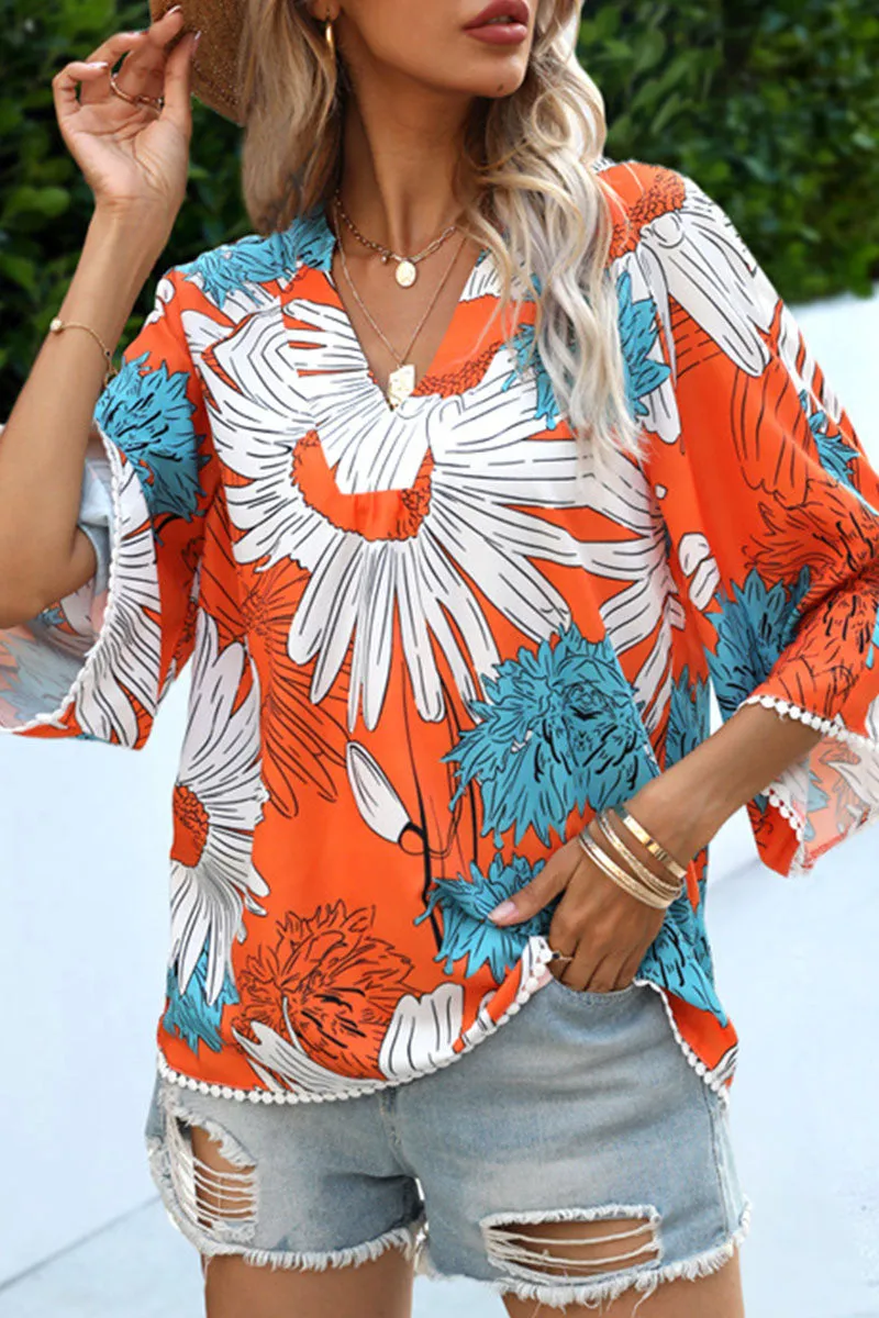 Casual Print Split Joint V Neck Tops