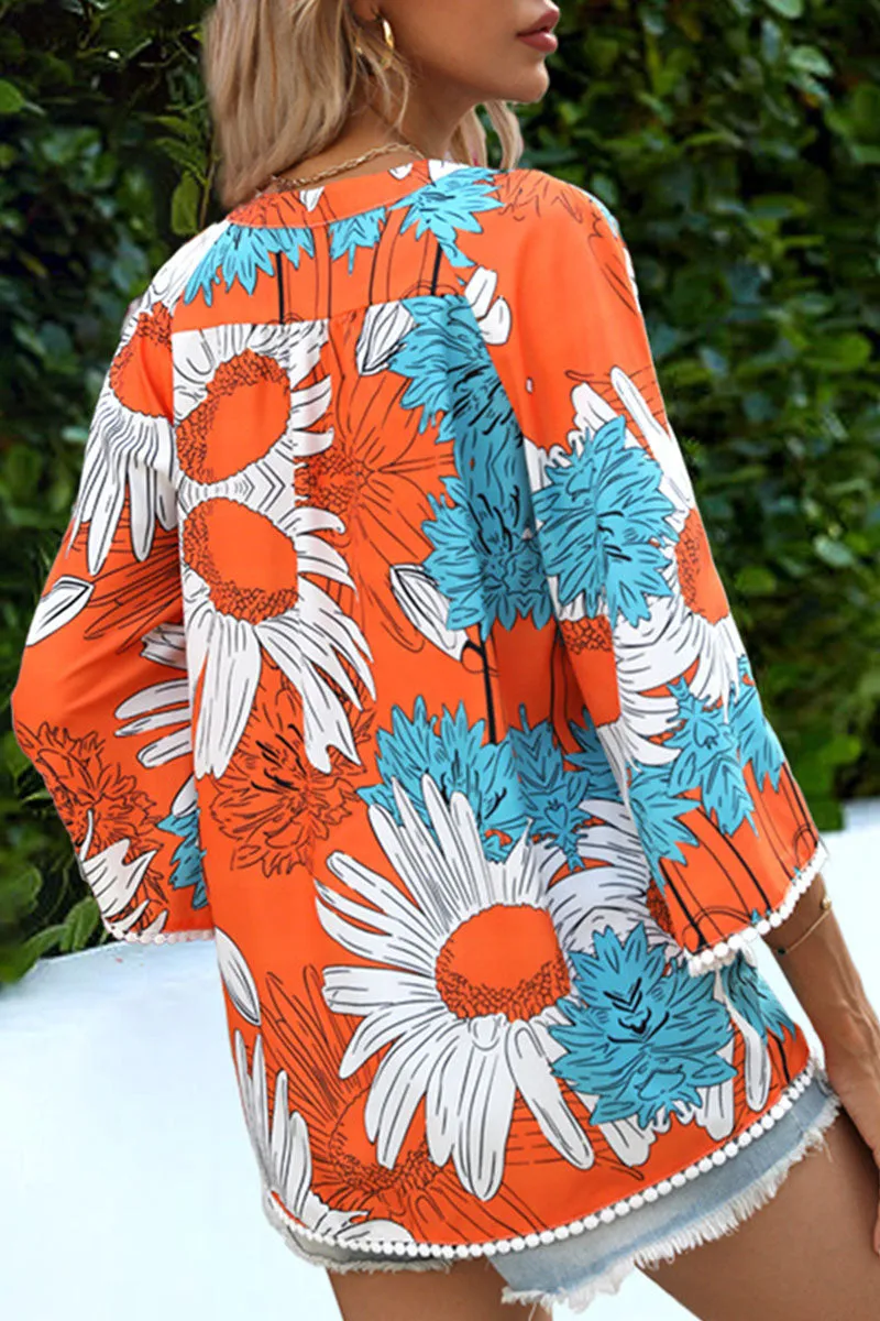 Casual Print Split Joint V Neck Tops
