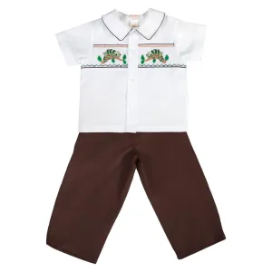Chameleon Green Lizard Brown/White Smocked Pants Set