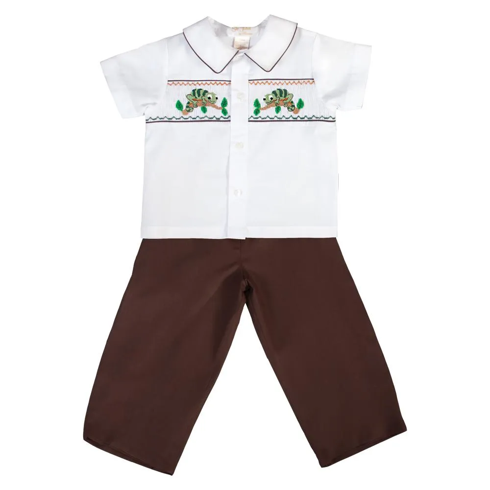 Chameleon Green Lizard Brown/White Smocked Pants Set
