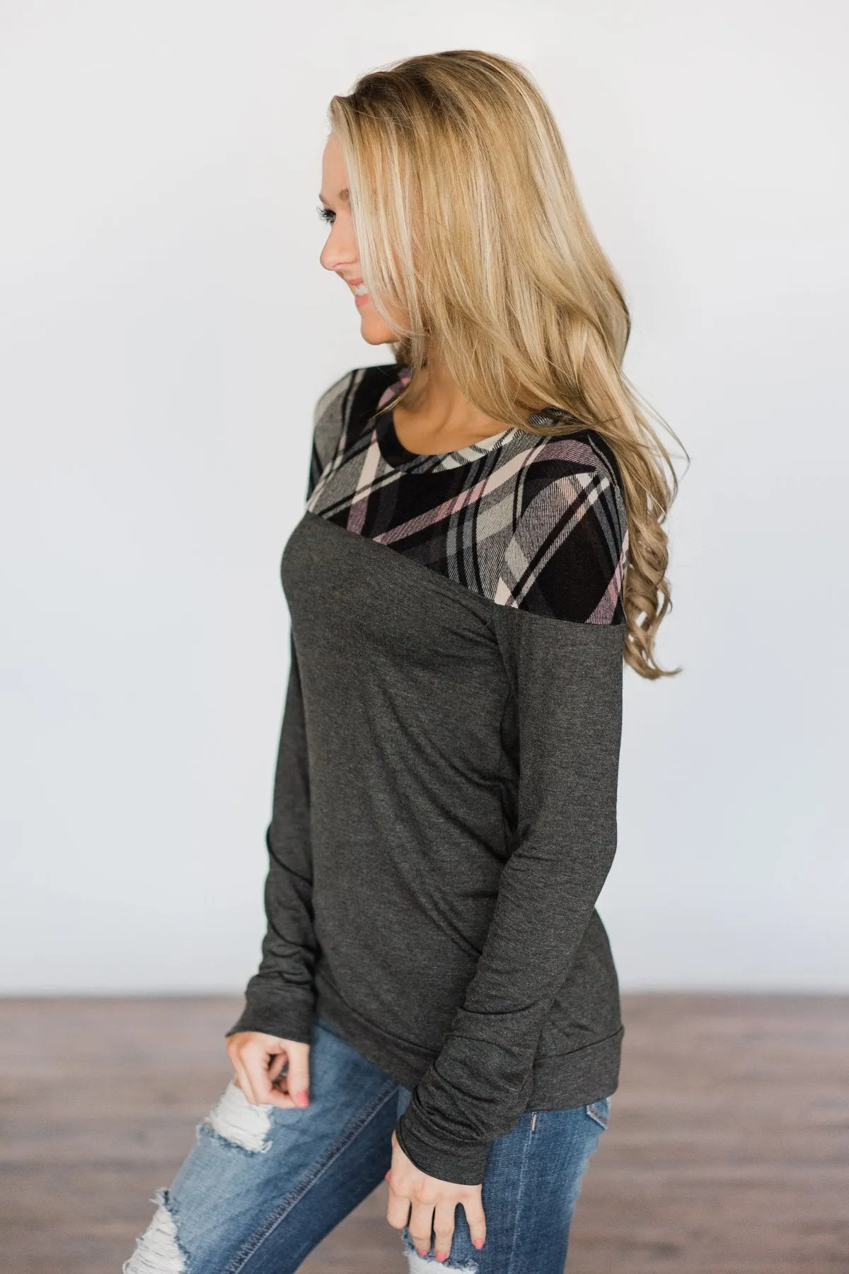 Charcoal & Plaid Long Sleeve Top