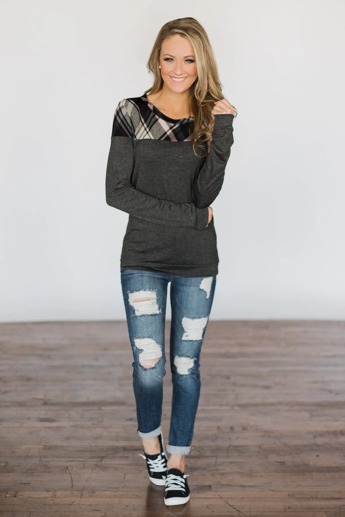 Charcoal & Plaid Long Sleeve Top