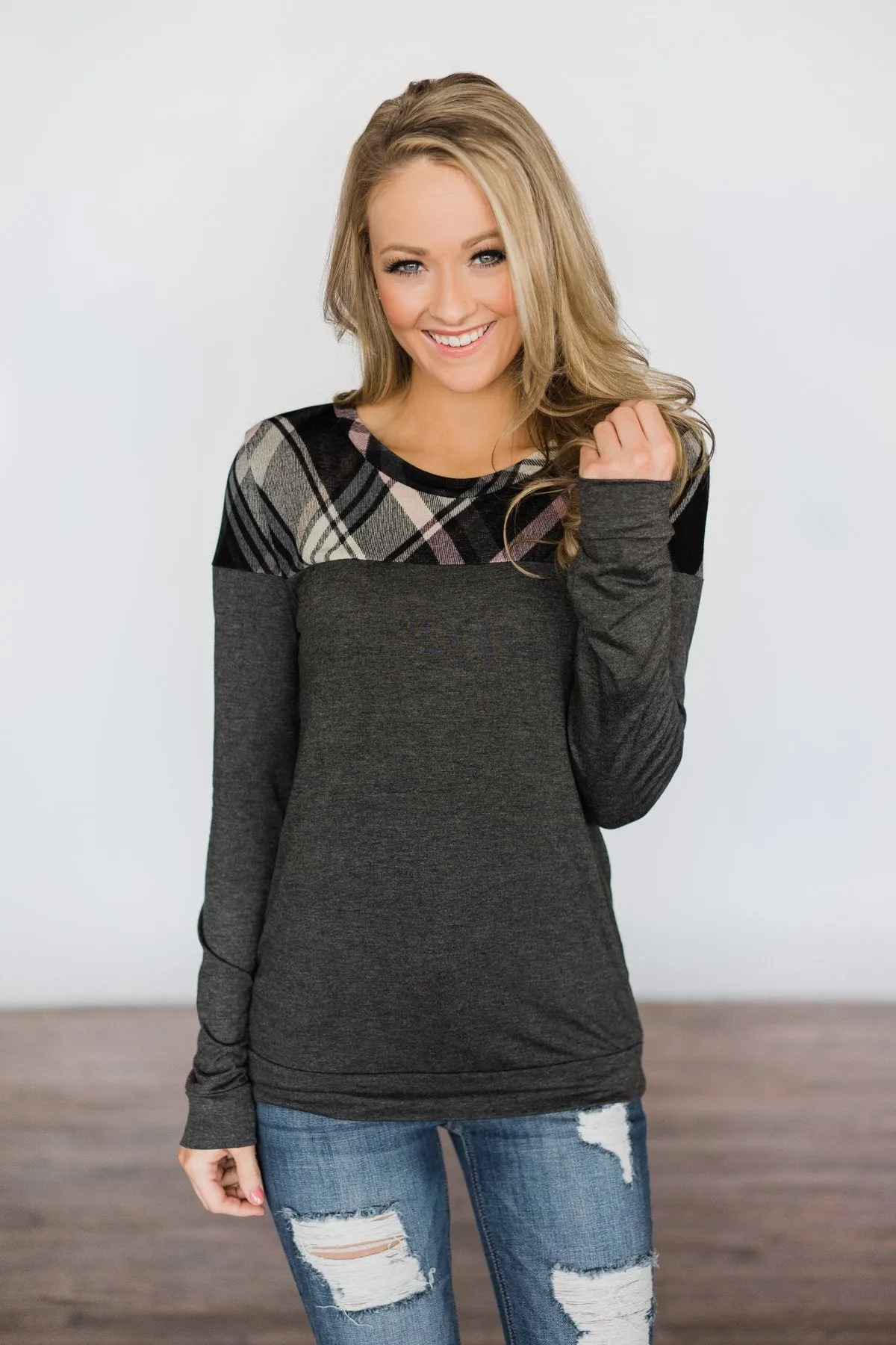 Charcoal & Plaid Long Sleeve Top