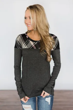 Charcoal & Plaid Long Sleeve Top