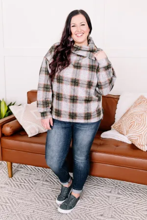 Checking It Twice Olive & Pink Cowl Neck Top