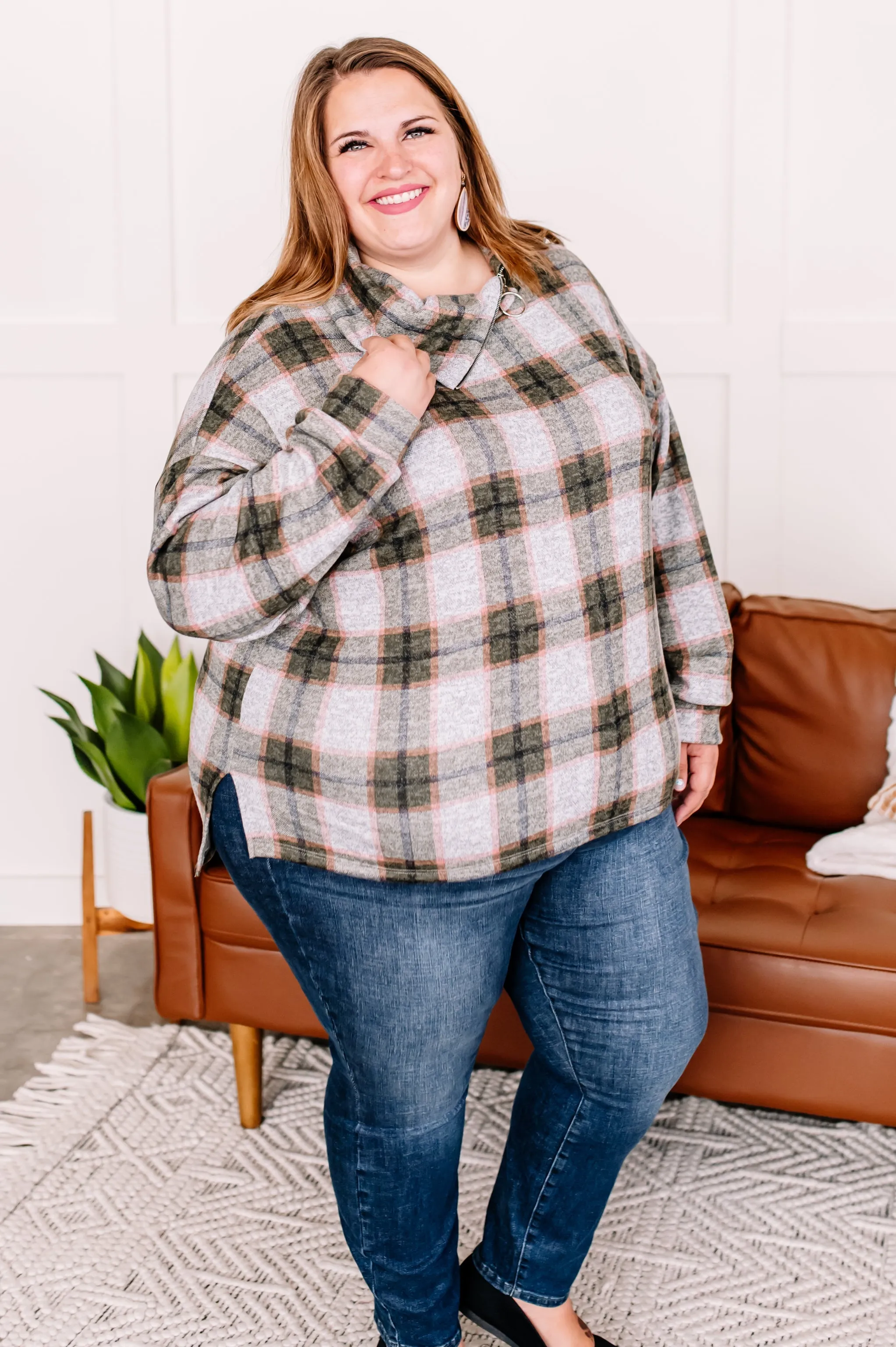 Checking It Twice Olive & Pink Cowl Neck Top