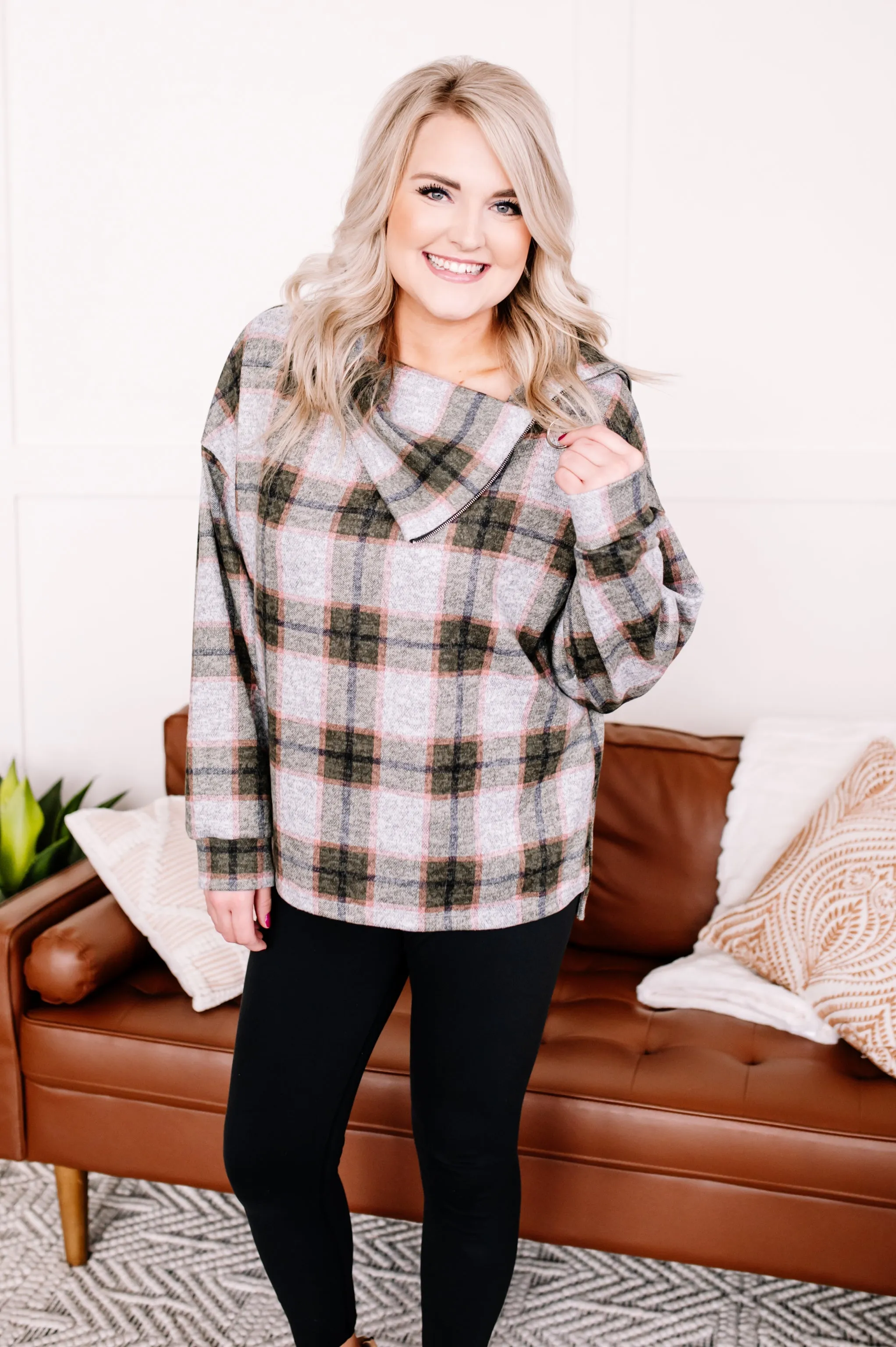 Checking It Twice Olive & Pink Cowl Neck Top