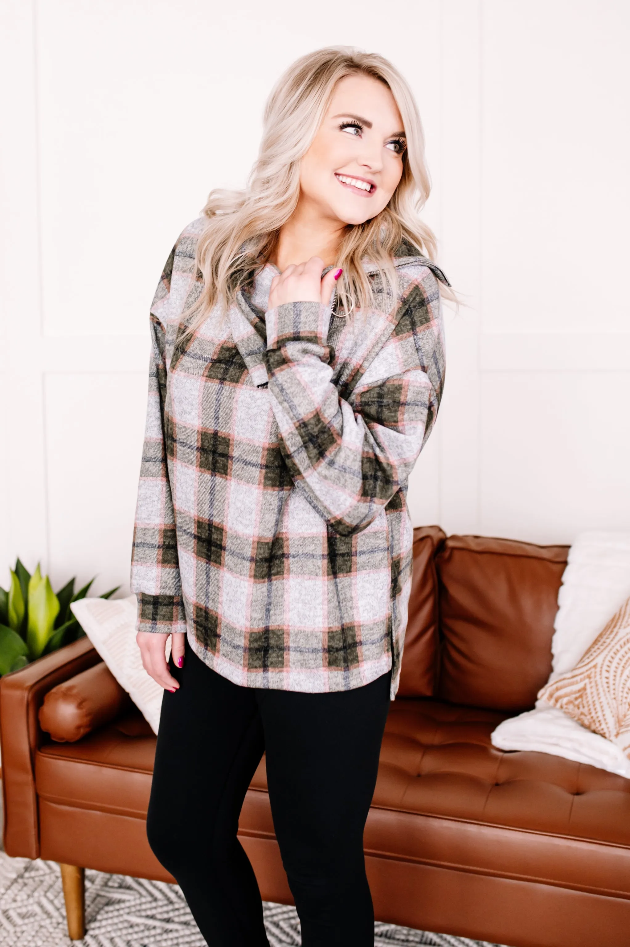 Checking It Twice Olive & Pink Cowl Neck Top