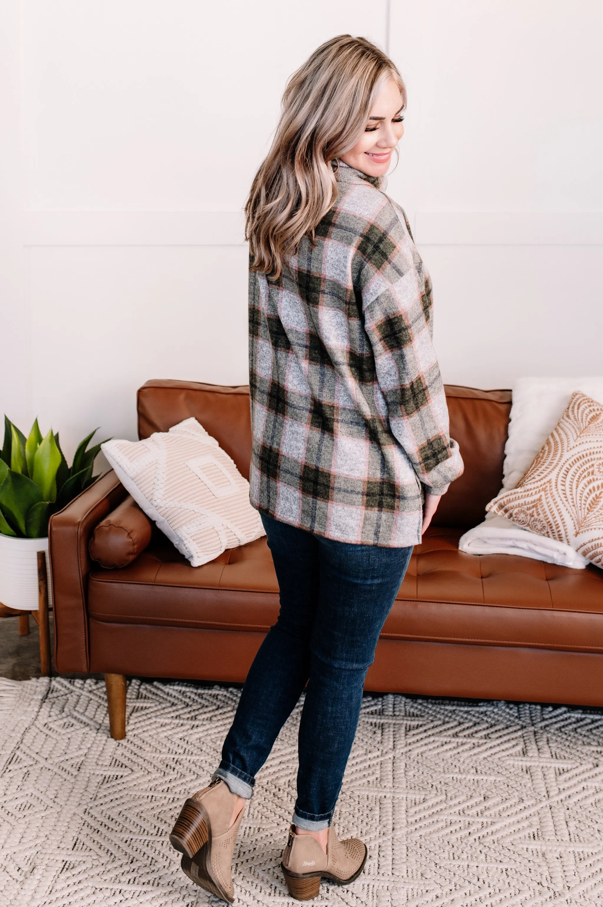 Checking It Twice Olive & Pink Cowl Neck Top