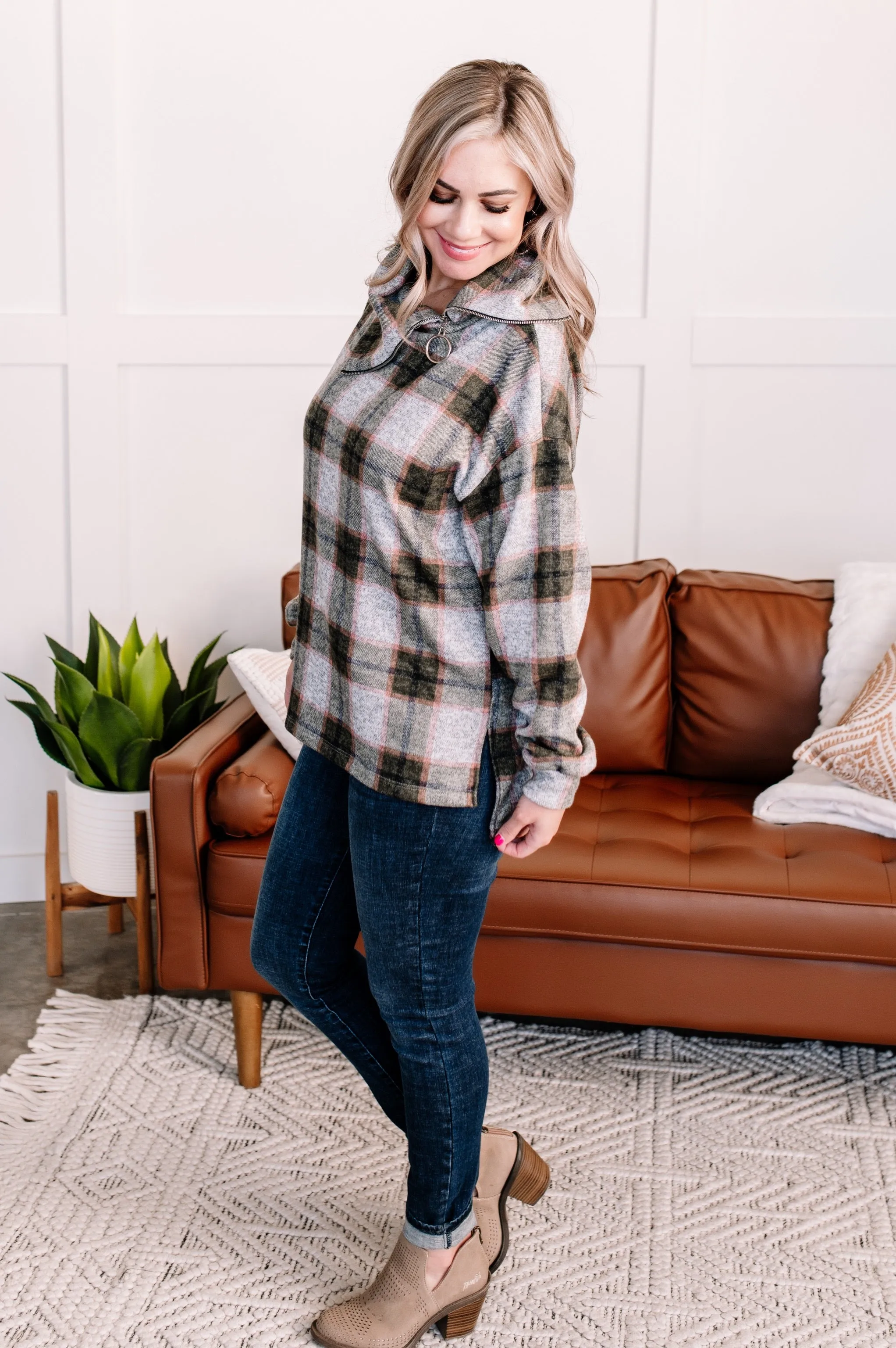Checking It Twice Olive & Pink Cowl Neck Top