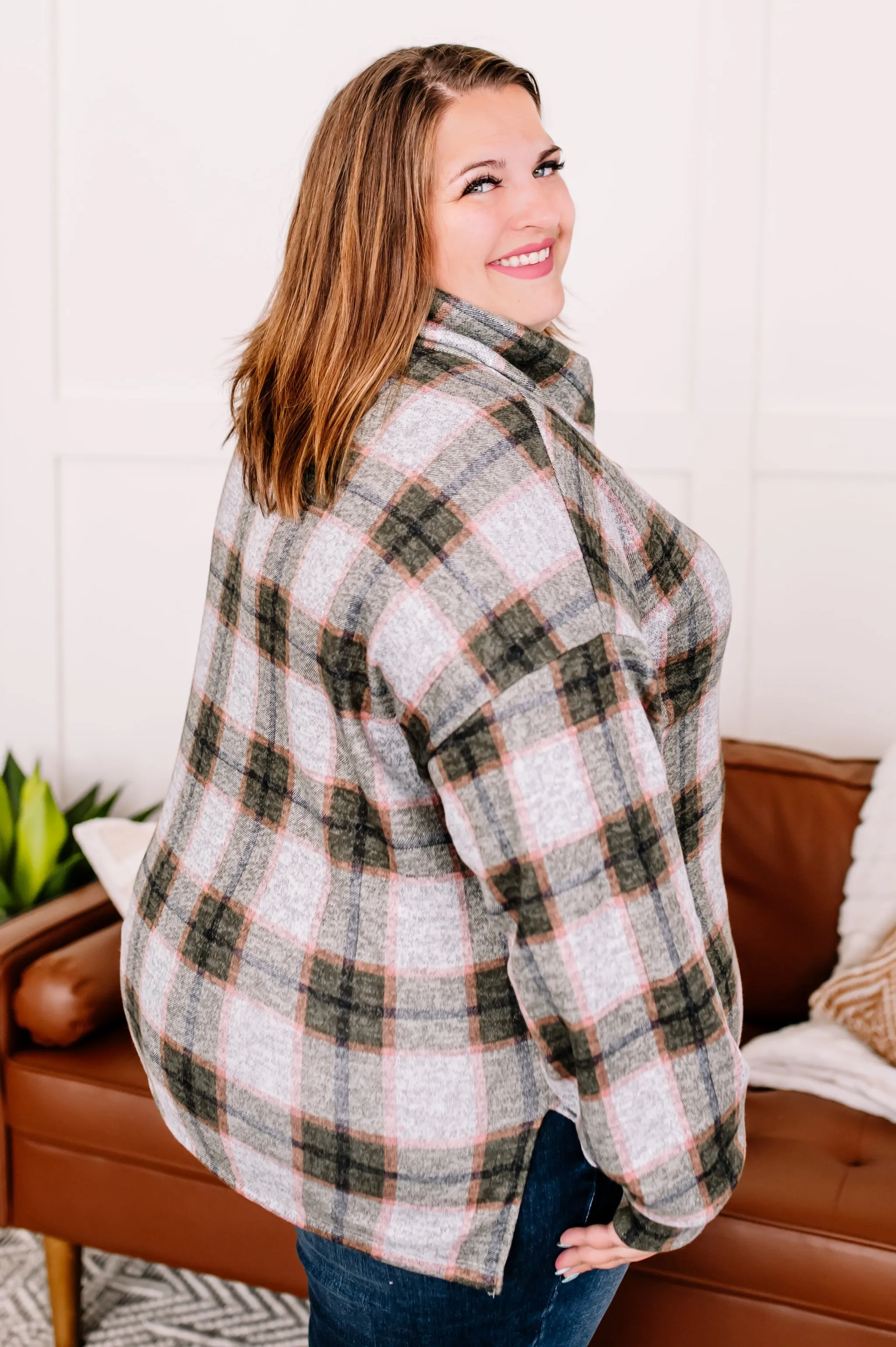 Checking It Twice Olive & Pink Cowl Neck Top