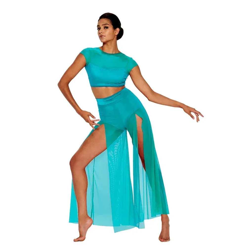 Chic and Elegant: Modern Ballet Dance Mesh Top with Wide Leg Pants - 2 Piece Lyrical Outfit
