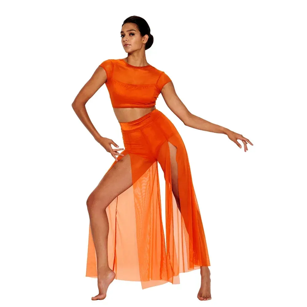 Chic and Elegant: Modern Ballet Dance Mesh Top with Wide Leg Pants - 2 Piece Lyrical Outfit