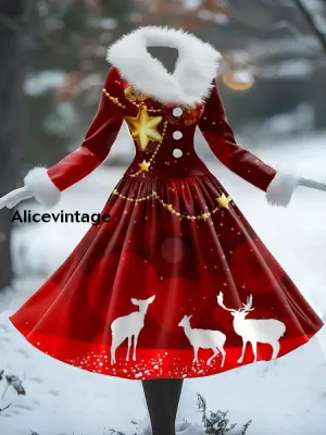 Christmas Art Print Vintage Elegant Fur Collar Long Sleeve Midi Dress